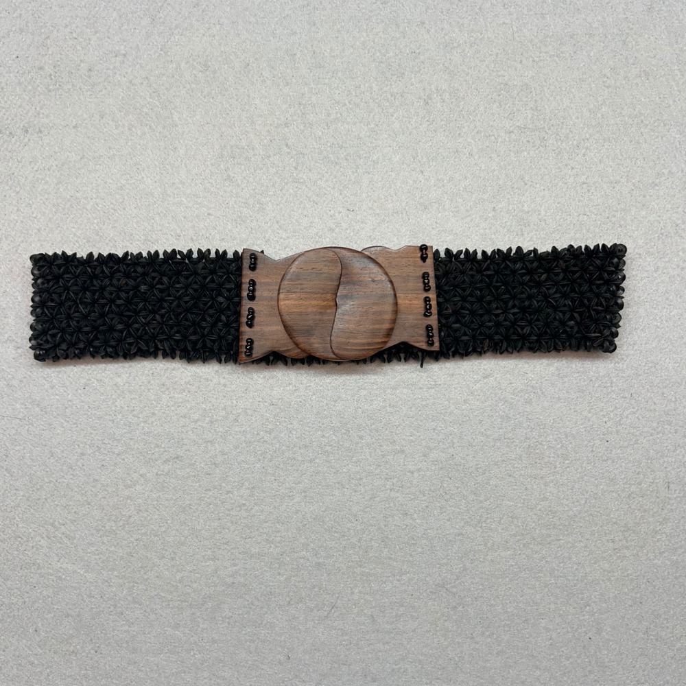 Vintage Black Woven Elastic Waist Belt Carved Wood Buckle Boho Cinch Belt